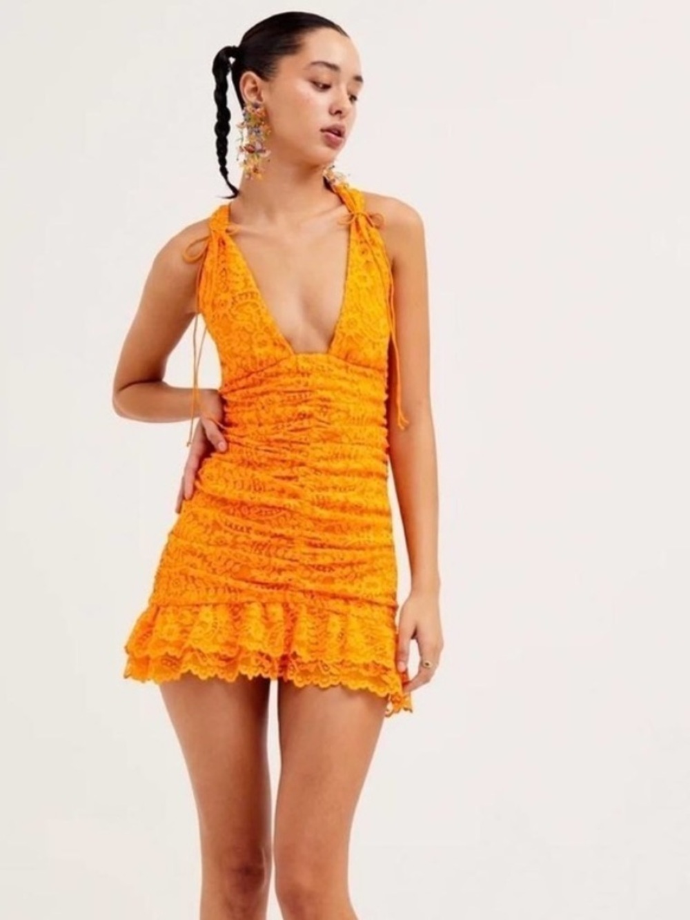 For Love & Lemons Orange Lace Halter Mini Dress